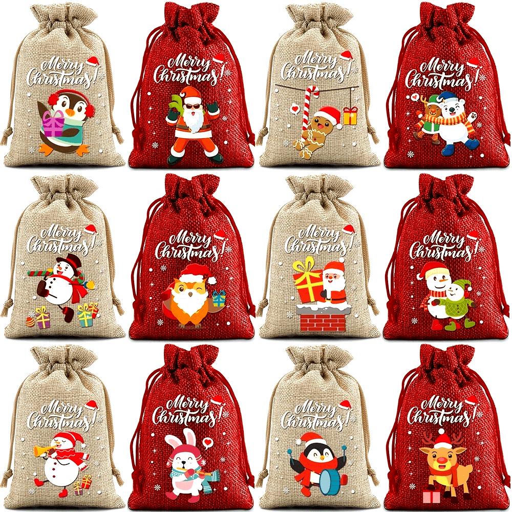 12pcs Festive Burlap Christmas Drawstring Bags with Santa Snowman & Tree Designs for Gift Wrapping Party Favors Decoration Tools