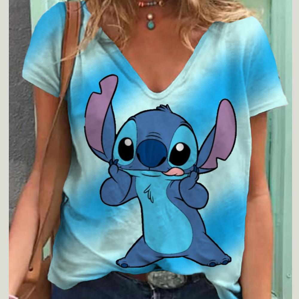 

Літня нова модна жіноча футболка Lilo&Stitch повсякденна коротка футболка Harajuku 3D друкована модна футболка V-подібним вирізом вулична вільна футболка великого розміру L