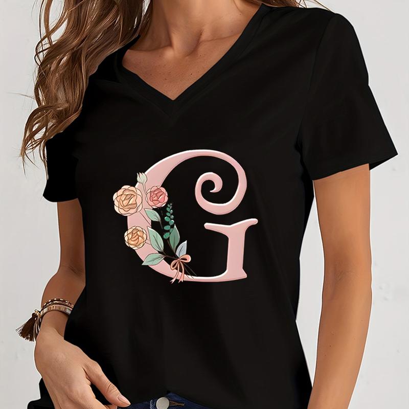Cartoon Alphabet Flower Graphic Tee Womens Clothing Pink Flower Alphabet Gift Tshirt FeUnisex Vintage 26 Initials Flower Tshirt