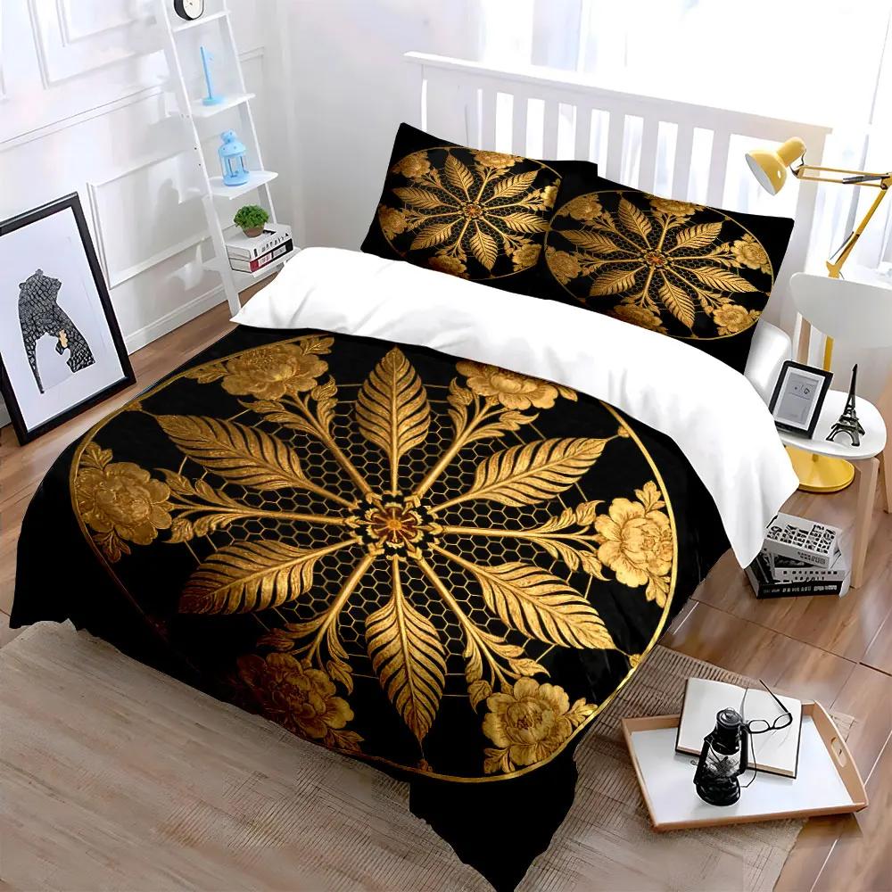 Golden Floral Decorative Three-Piece Soft Comfortable Duvet Cover Bedding Set Included 1*Duvet Cover & 2*Pillowcases gift