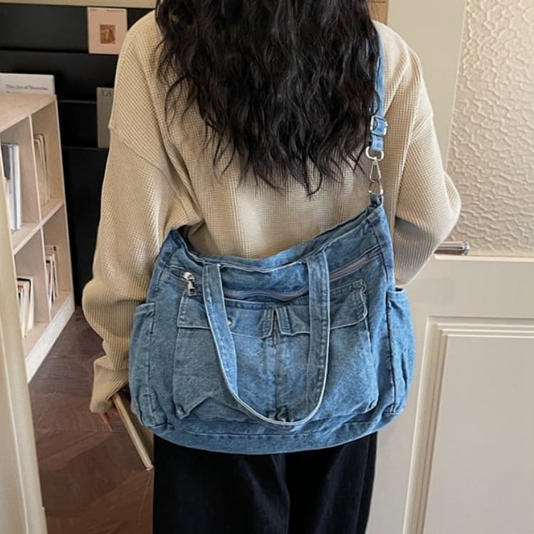 

Washed Denim Multi-pocket Tote Bag Women s Shoulder Bag светло-синий