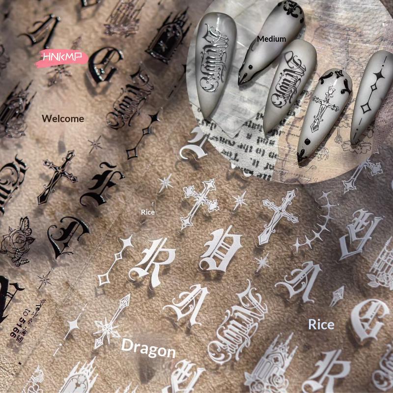 1 Sheet European Letter Nail Decor Sticker 3D Dark Gothic Impression Self Adhesive Nail Art Decals Thin And Tough Nail Stickers