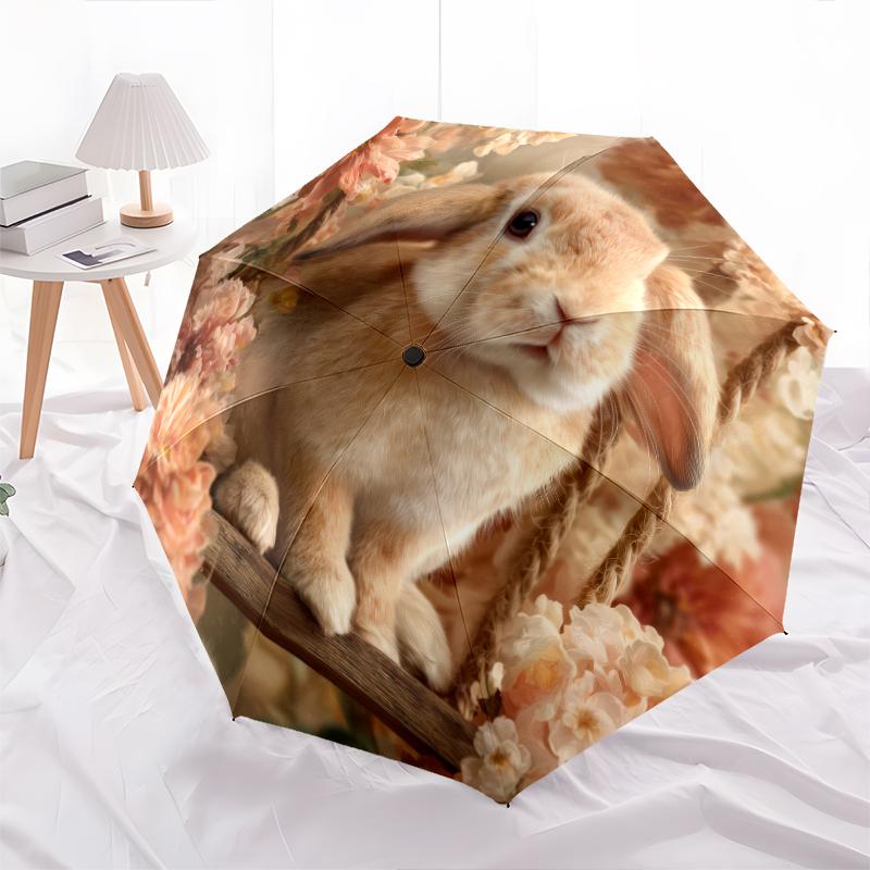 Rabbit and Flower pattern, automatic folding umbrella, portable and foldable design, 8 ribs, a Christmas or birthday gift.