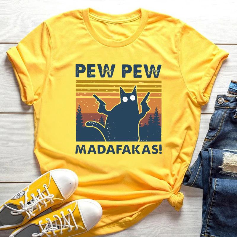 2025 Pew Pew Madafakas TShirt Funny Cat Shooting Graphic Tee Vintage 90s Sunset Shirt unisex short sleeve shirts Cat Lover Gift