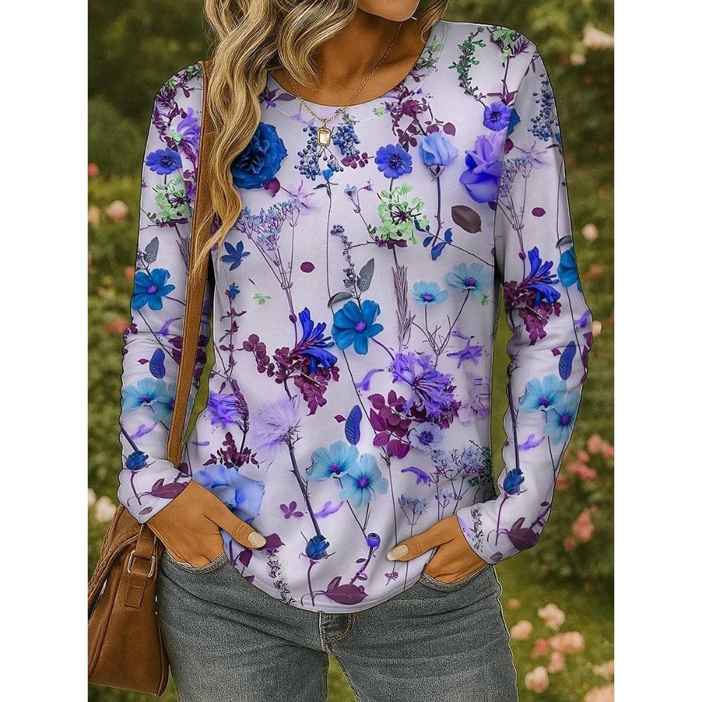 Women's 3D Colorful Floral Print T-shirt Fashion Long Sleeve Round Neck Regular Tops Holiday Weekend Spring Autumn