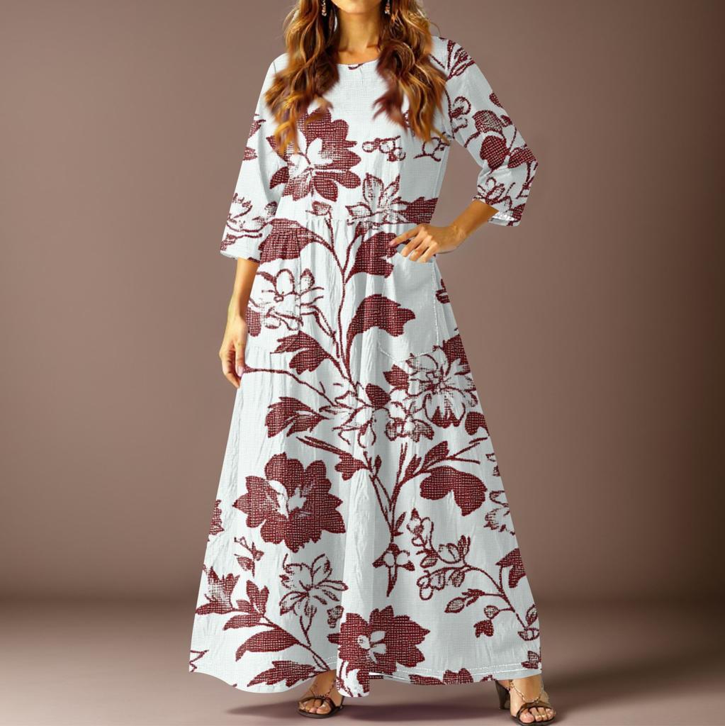 Women's Casual Fashion Floral Print Three-quarter Sleeve Long Dress With Pockets