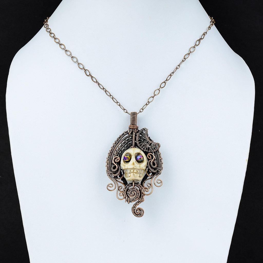 Howlite Pendant Copper Wire Wrapped Pendant Skull Bone Face Pendant Titanium Bead Eyes Jewelry Gemstone Pendant Handmade Copper Wire Jewelry