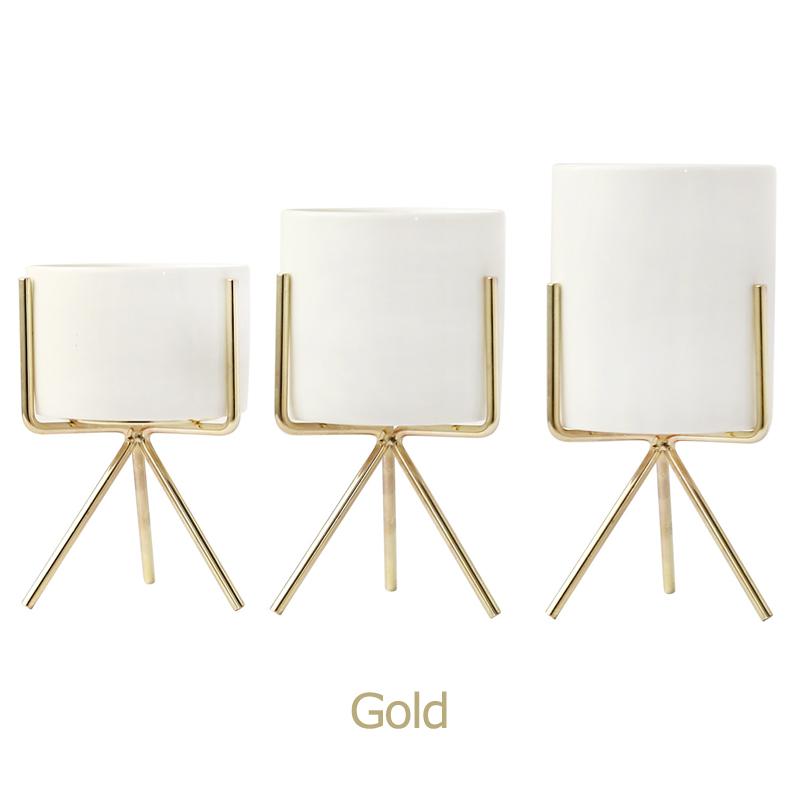 Set aus 3 Keramik-Blumentöpfen mit Eisenständer für Sukkulenten Schreibtisch Keramik-Blumenvase Heim-Garten-Dekoration