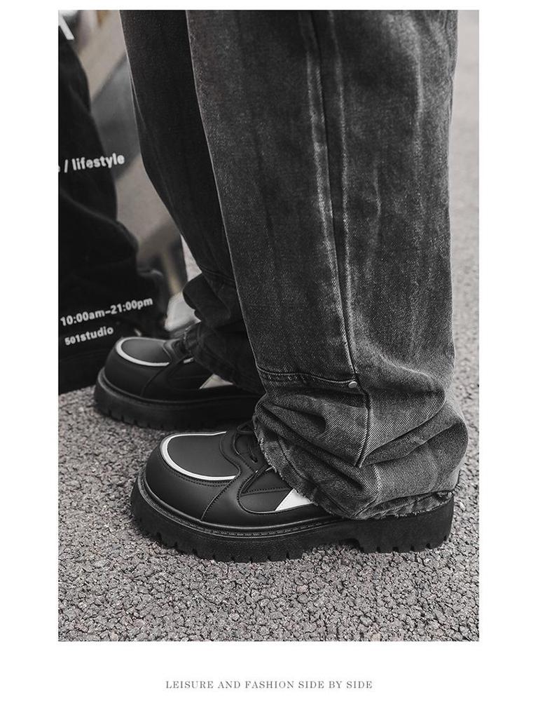 Men's Black Leather Height-Increasing Casual Shoes with Thick Sole - Korean Style Trendy Sneakers for All Seasons