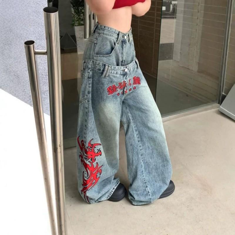 Unisex Streetwear Weite Jeans mit chinesischer Drachenstickerei Doppelbund-Design