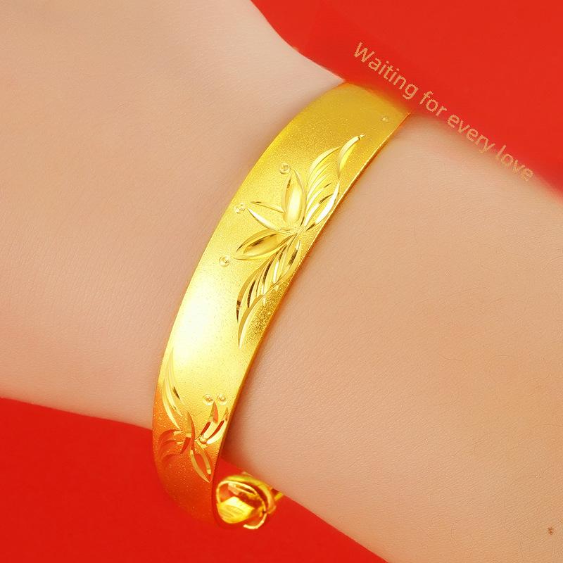 Elegant Dragon & Phoenix Vietnamese Sand Gold Bracelet: Women's 24k Gold-Plated Ancient Coin Flower Design, Adjustable Push-Pull Copper.