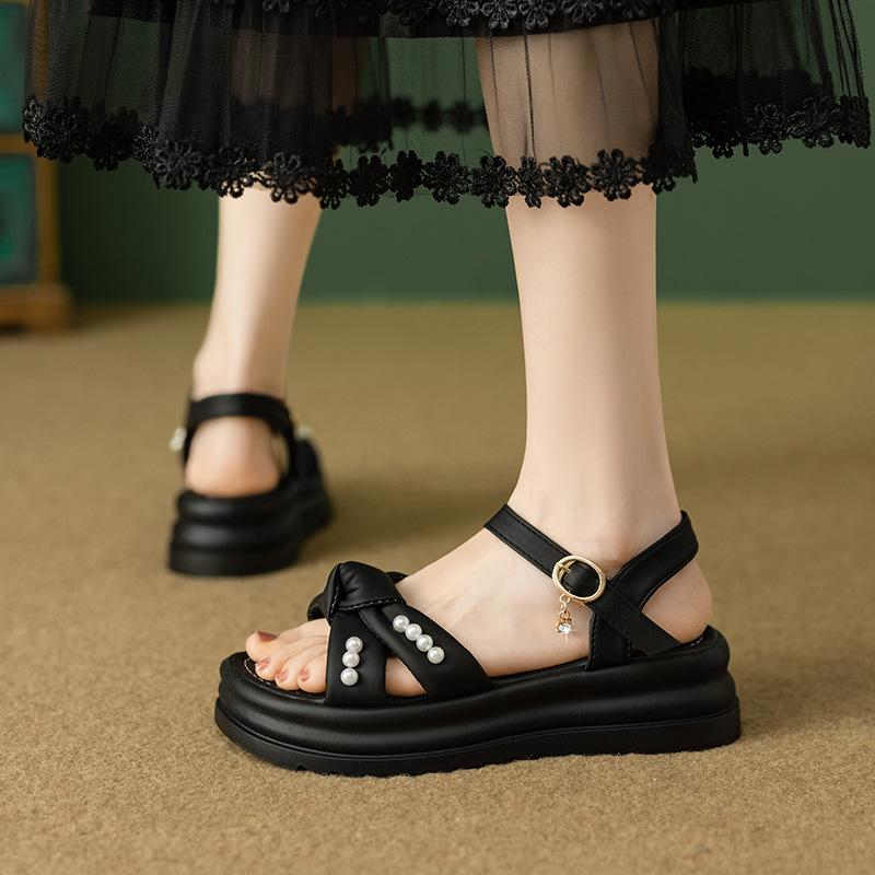 Thick-soled Bow Sandals Women's Summer New Pearl Buckle Muffin Sandals