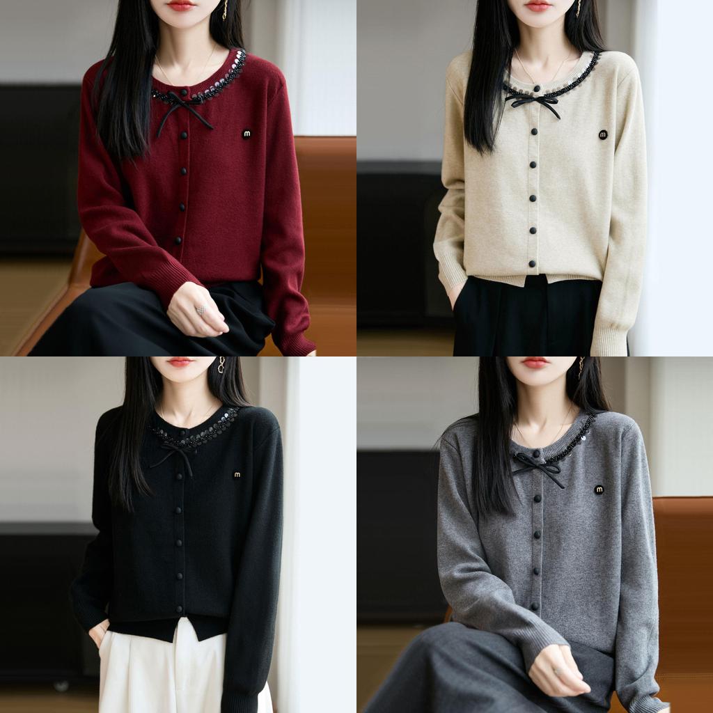 Womens Knit Cardigan With Sequins And Bow Decorations For Autumn Casual Wear