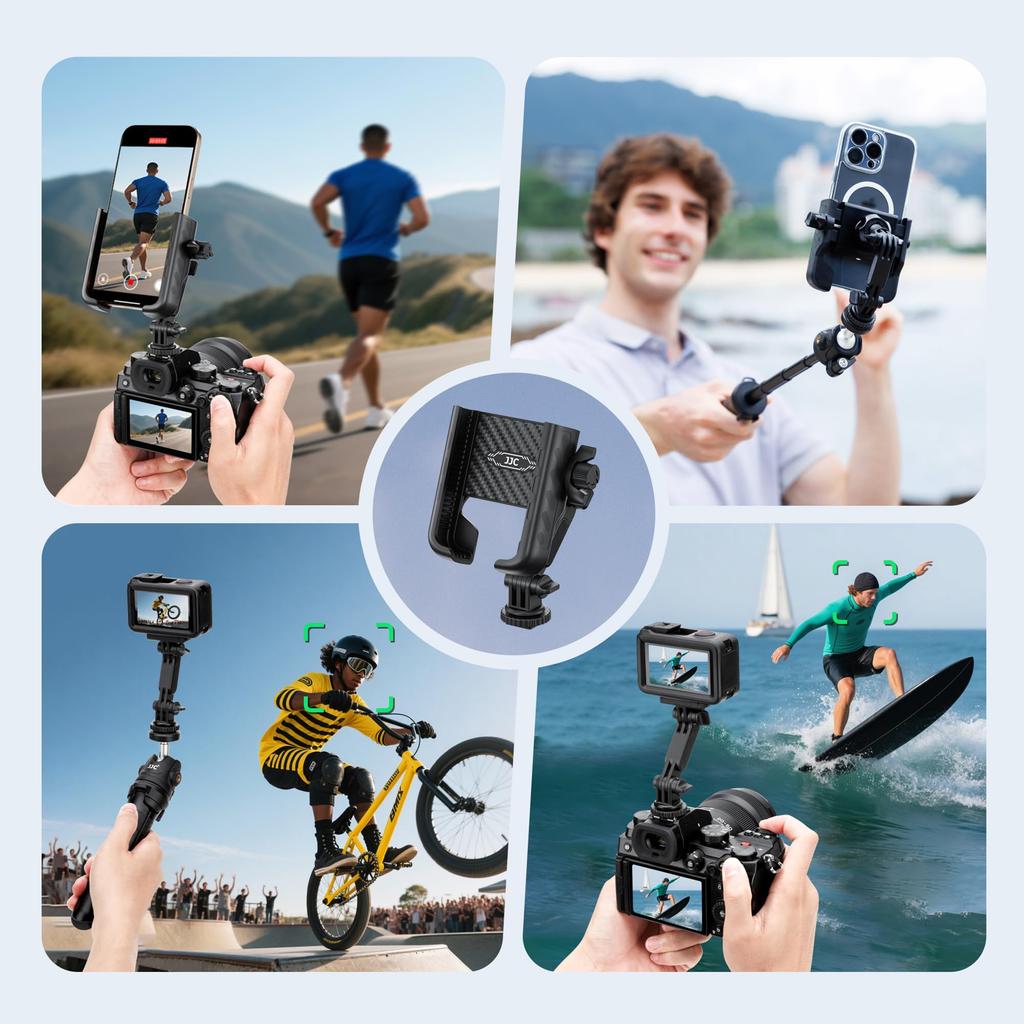 JJC Hot Shoe Camera and Smartphone Holder for Action Simultaneous Camera and Smartphone Portrait and Landscape Screw Drop Suitable for Stick GoPro