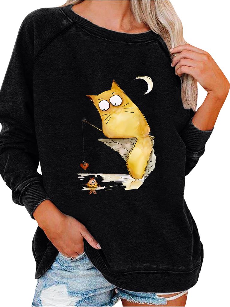 Female Oversized Sweatshirt Spring/Fall Fashion Cat Print Top Women's Pullover Sweatshirt