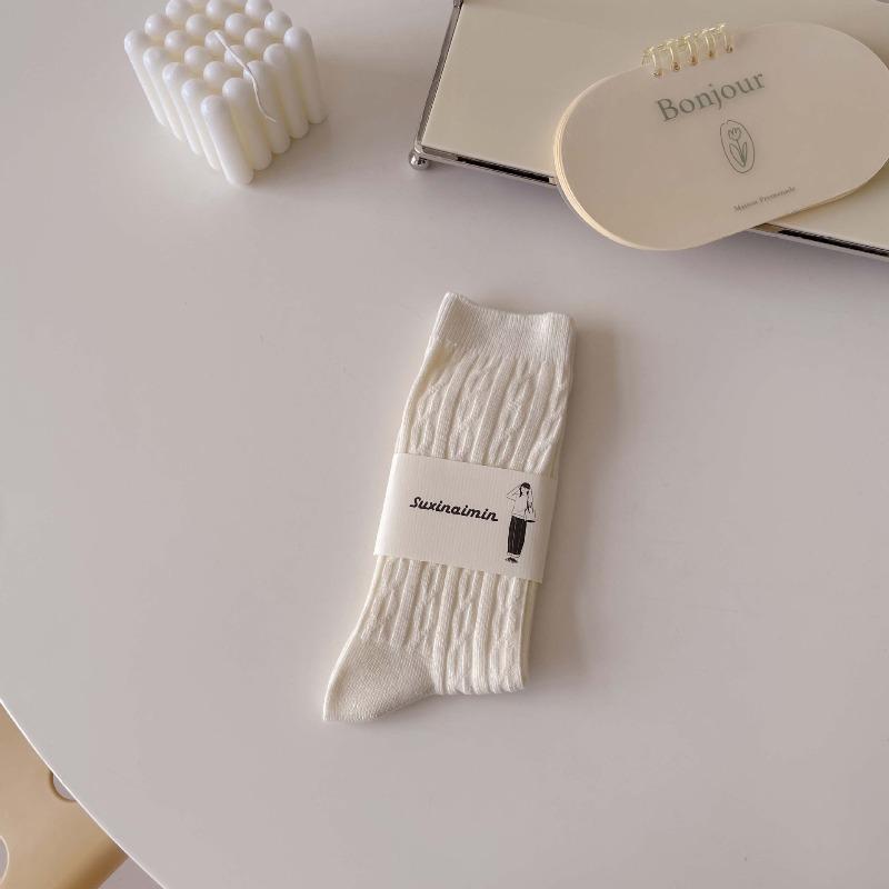 White Pile Pile Socks - Spring and Autumn Fine Combed Cotton Moisture-wicking Ladies' Socks, Trendy Mid-calf Socks, Cream-colored Socks
