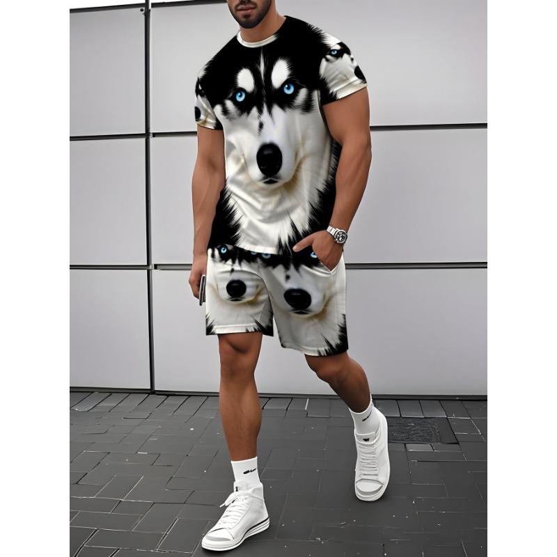

Husky Pattern Men s Casual Short Sleeve Set Summer Trendy Printed T-shirt Shorts Two Piece Set 6XL