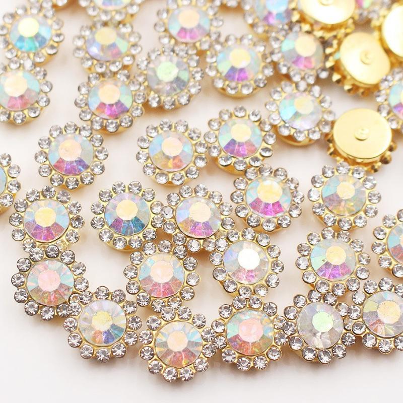 50P 10/12Mm Round  Glass Sewing Stone Glue-On Claw  Gold Base Button Sew On  For Diy Clothes Crafts