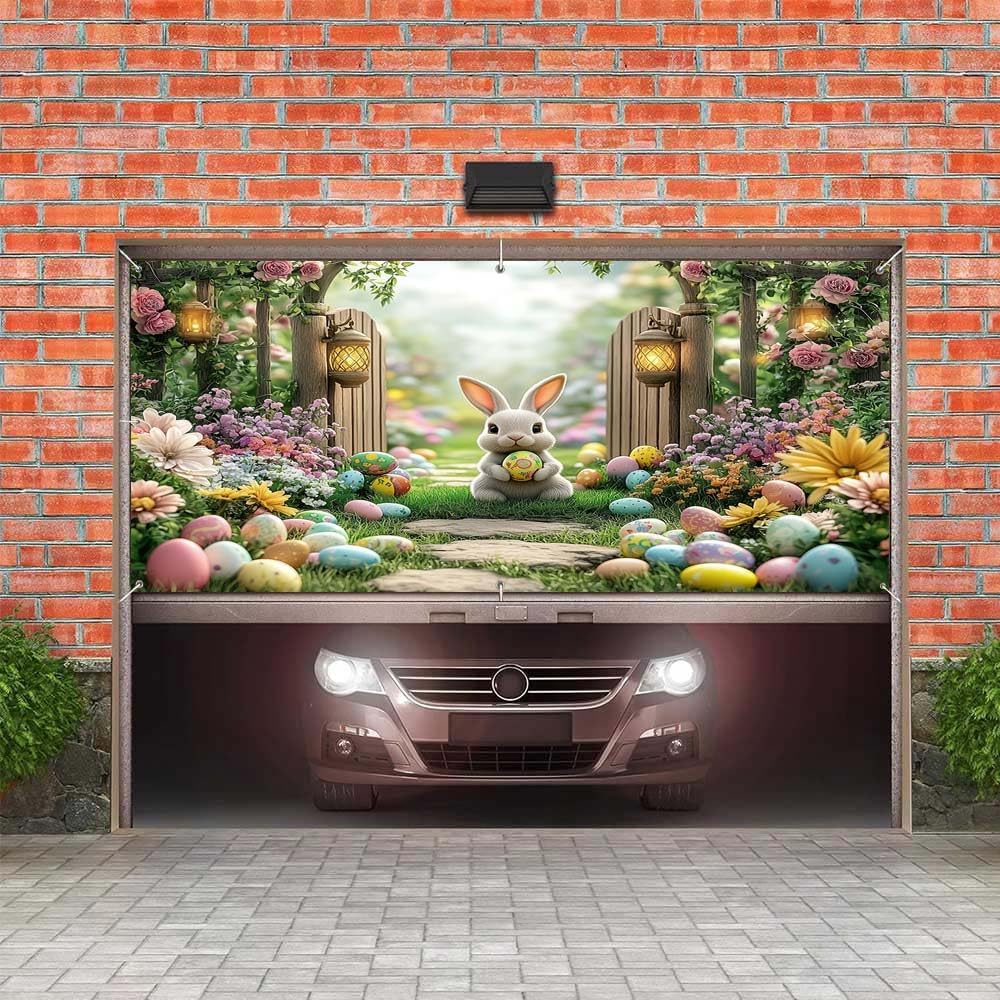 MERCHR Easter Garden Garage Door Backdrop 8 X 7 Ft, Spring Happy Easter Rabbit Colorful Eggs Bunny Garage Door Banner, Polyester, White