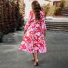 Women Autumn Winter Long Sleeve Print V-neck Casual A-Line Knee Length High Waist Dress