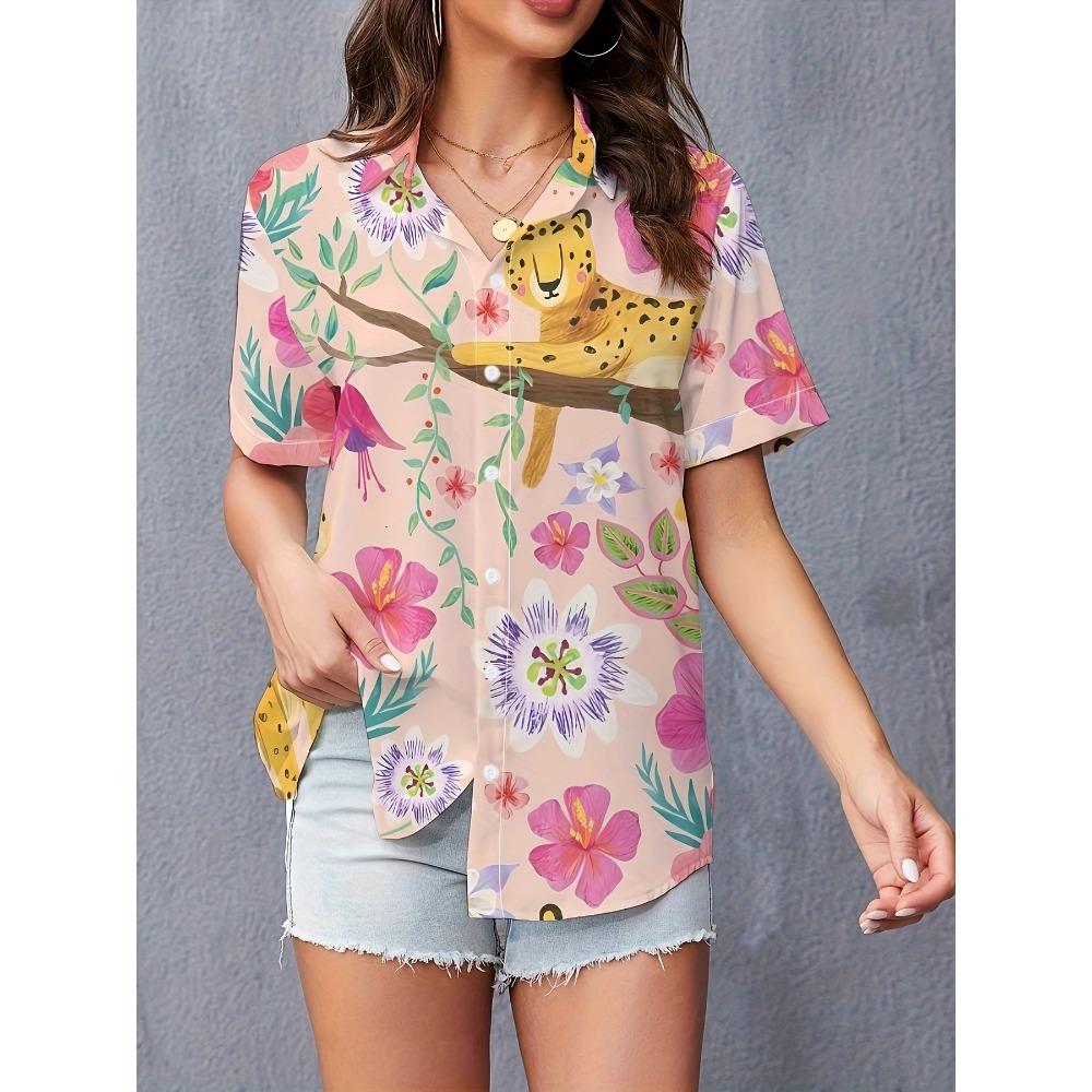 Women S Casual Button-Up Shirt with Vibrant 3D Floral and Leopard Print, Short Sleeve, Non-Stretch Fabric, Perfect for Spring/Summer S