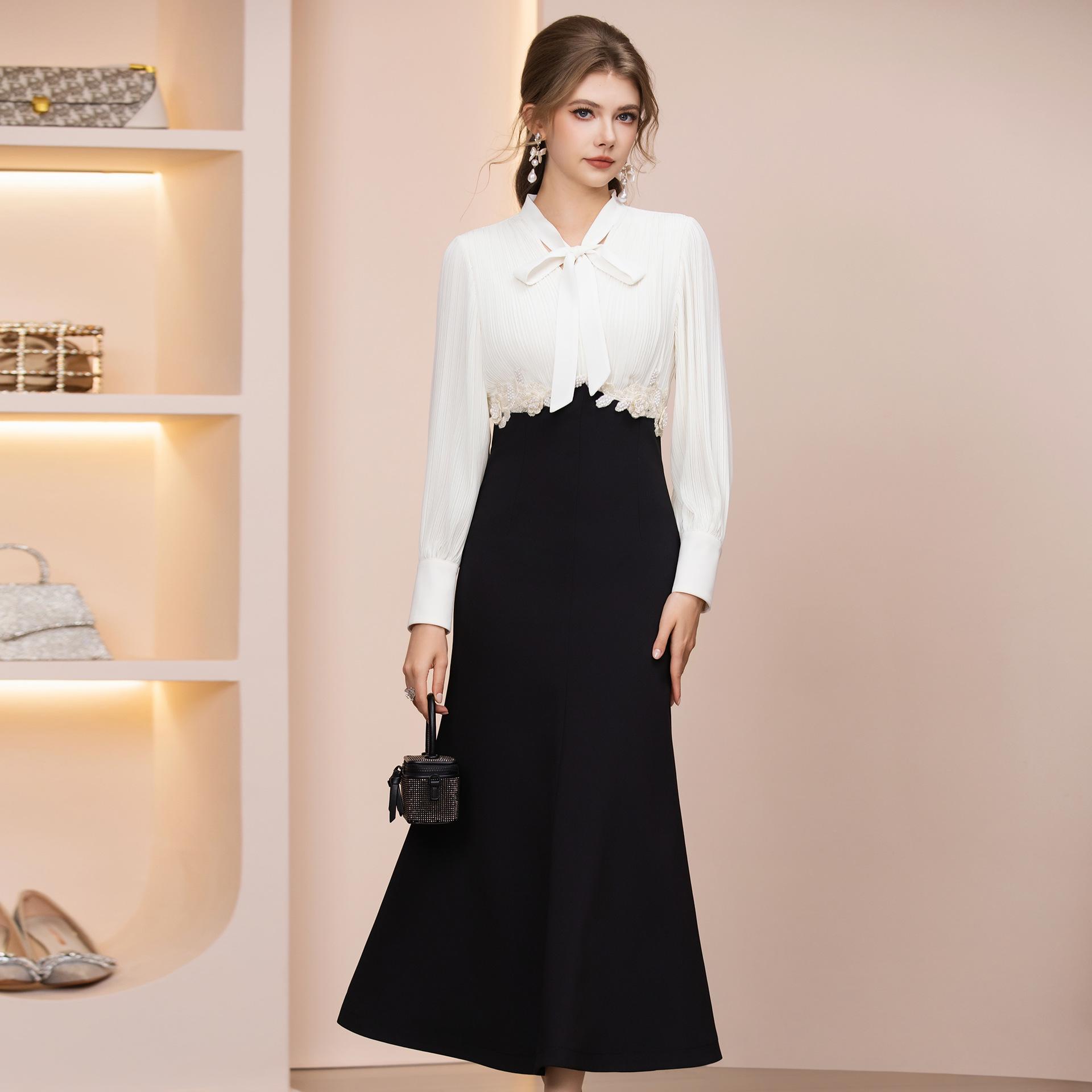 Zhi Li Elegant Rich Heiress Black & White Colorblock Beaded Fishtail Dress, Spring 2026 XL чёрный/белый
