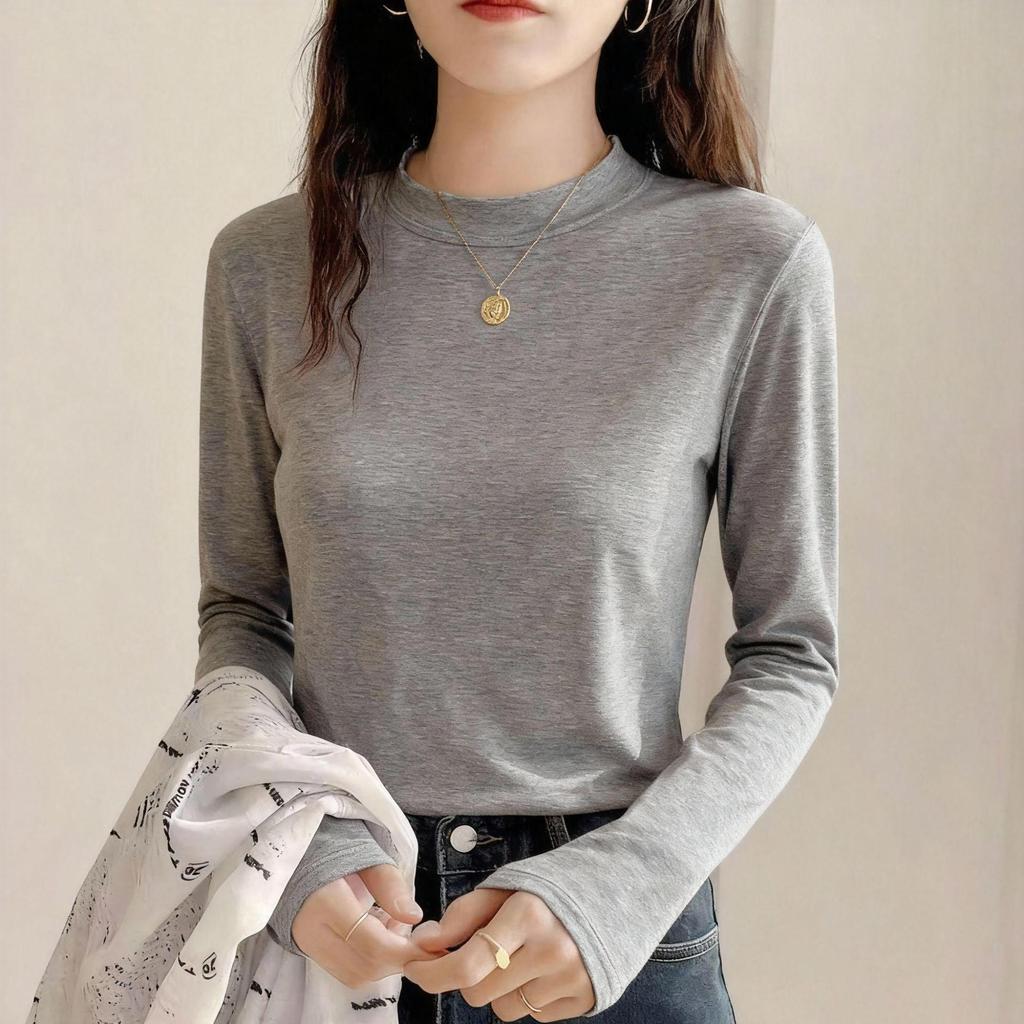 Cămașă de bază pentru femei din fleece periat cu guler înalt - Culoare uni, Mânecă lungă, Cu pluș, Top casual pentru toamnă/iarnă