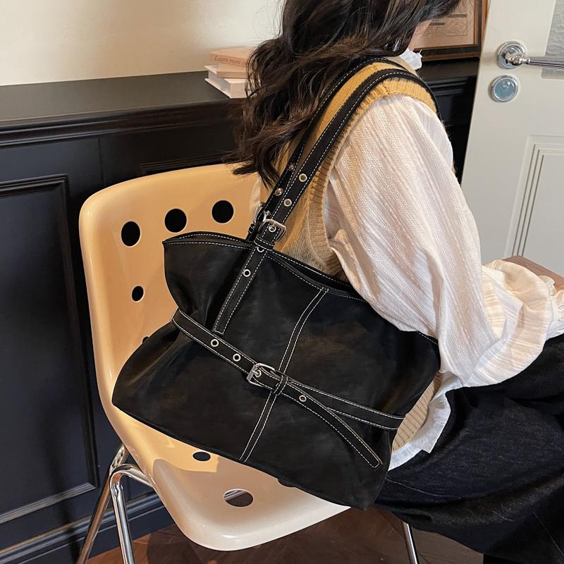 Womens Casual PU Leather Tote Bag Belt Buckle Detail Stitch Accent Large Capacity Minimalist Daily Bag for Commute Travel Everyday Use Durable