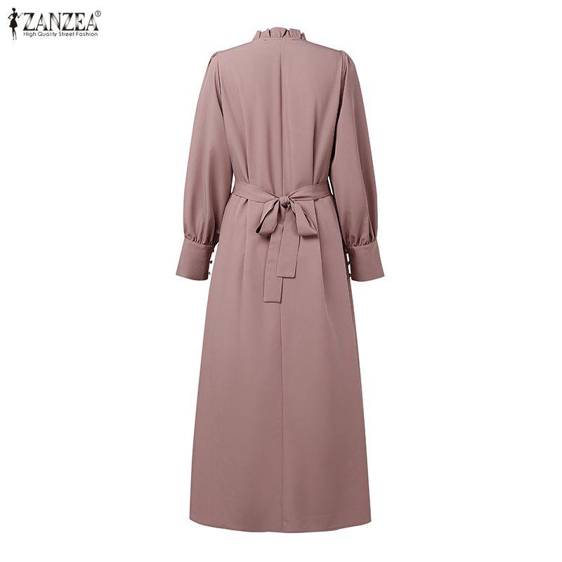 ZANZEA Women Casual Round Neck Long Sleeve Loose Long Dress
