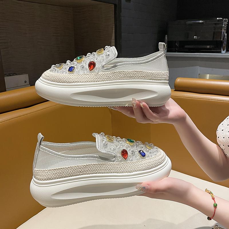 Fashion 5cm 2025 Net Mesh Platform Wedge Flats Crystal Shoes Chunky Sneaker Casual Comfy High Brand Summer Autumn Vulcanize Shoes