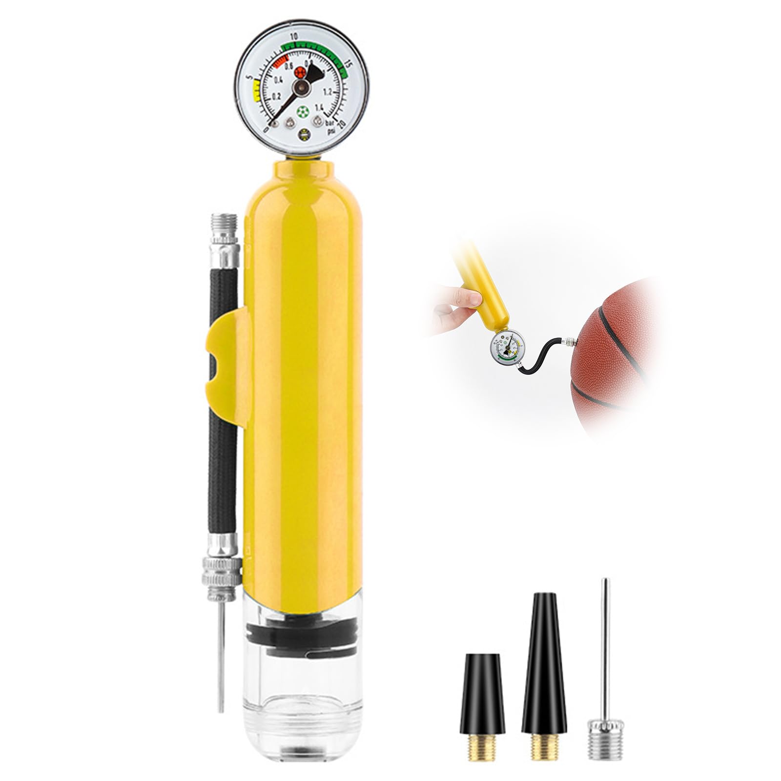 

ADOFUN Hand Pump with Pressure Cap Extension Hose Suitable for Double Action for Easy Inflation Built-in Gauge, 3-Needle Design, & Included,