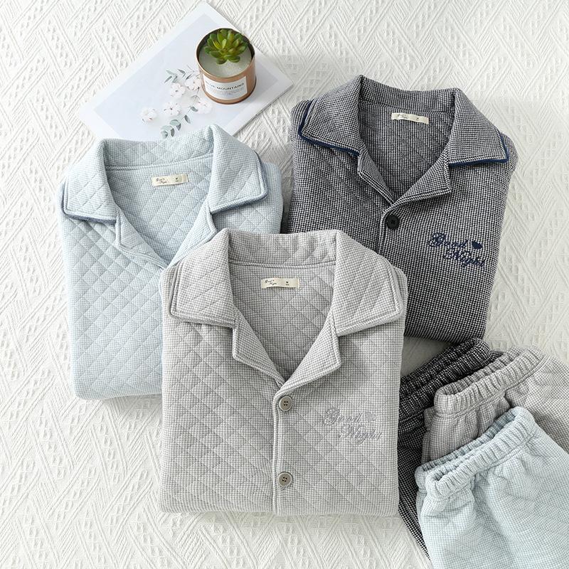 Men's Embroidered Quilted Pajamas - Three-Layer Air Cotton, Long-Sleeved, Warm, Autumn/Winter Wear