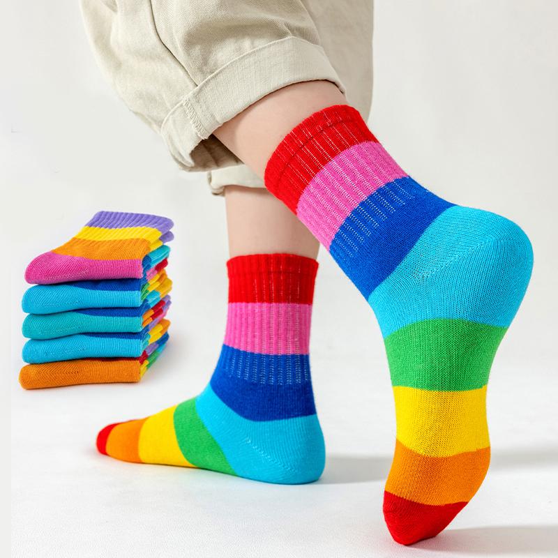 5 Pairs Girls Rainbow Pattern Cotton Socks Comfortable Breathable Soft Kids Socks For Daily Wear