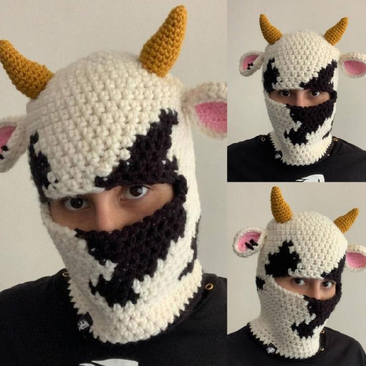Knit Balaclava Cap Adult Prank Beanie Hat Cow Headcover Halloween Facecover Hat