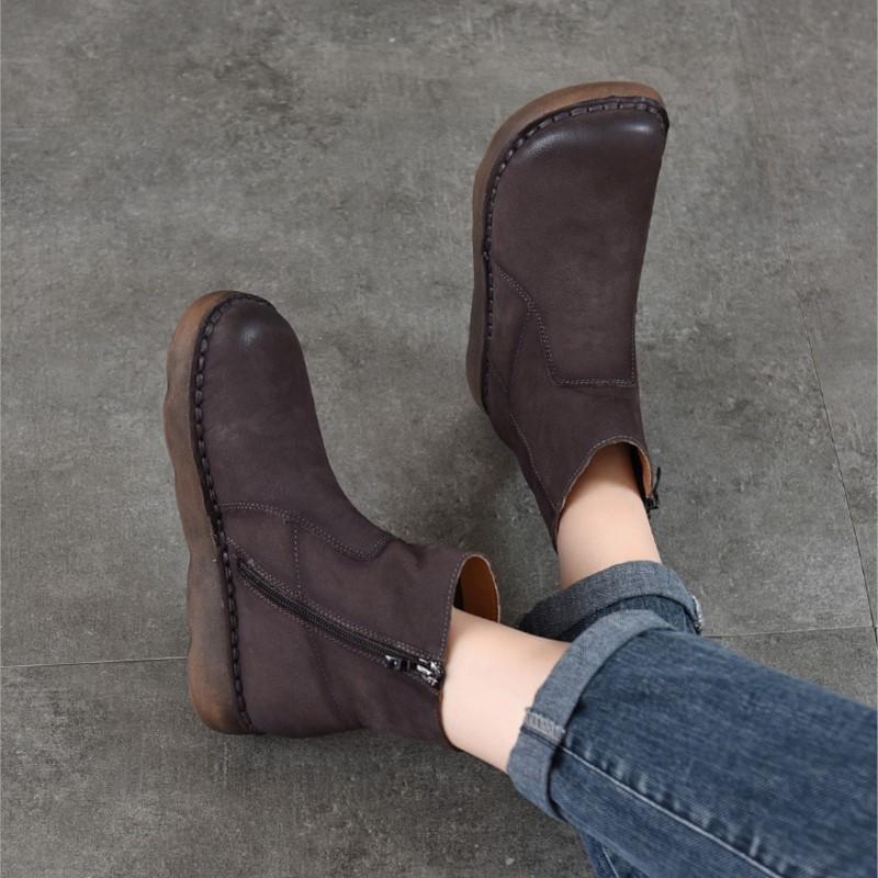 Johnature Versatile Women's Short Boots Round Toe Side Zipper Retro Genuine Leather Flat Boots