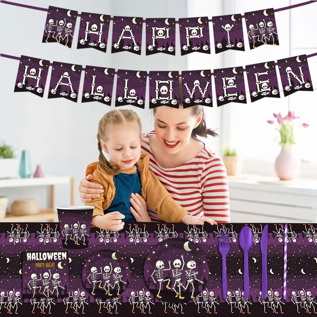 Halloween Party Tableware Horror Party Disposable Paper Plates Pull Flag Tablecloth