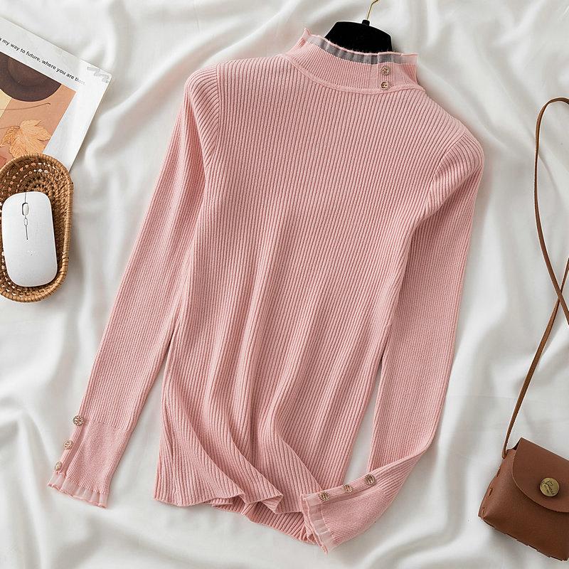 Koreanischer Mesh-Spleiß-Pullover Langarm Elastisch Weiße Oberteile Damen Herbst Winter Kleidung Slim Strick Weicher Pullover Knopf Halber Rollkragenpullover