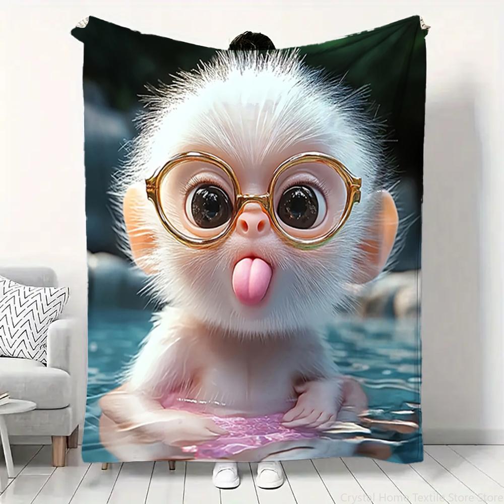 Cute Monkey Pattern Print Flannel Blanket, Soft Warm Throw Blanket Nap Blanket For Couch Sofa Office Bed Camping Trave Blanket