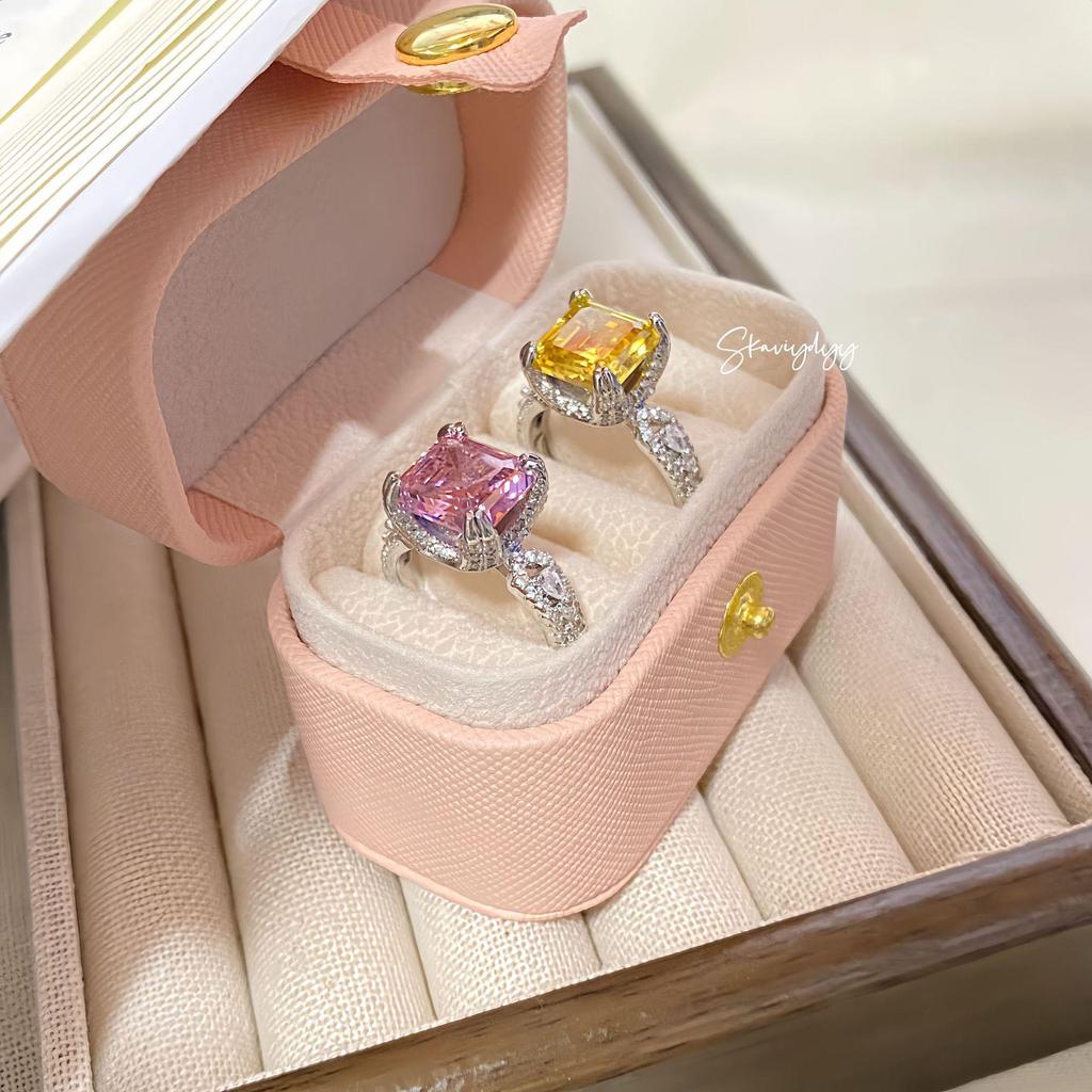 Elegant Yellow Diamond Ring with Square Pink Open Design