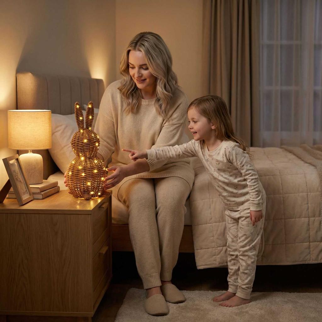 Modern Easter Wicker Bunny Ornament, 13.8-inch Woven Bunny Desktop Figurine With String Lights