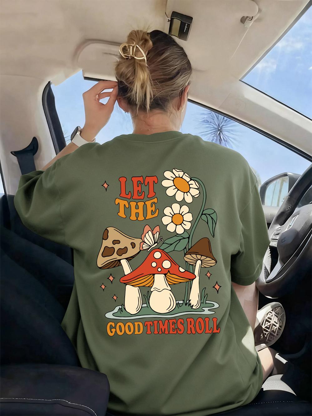 Mushroom Let The Good Thing Printing T-Shirts Women Basics Loose Short Sleeve Tops O-Neck Soft T Shirts Summer Womans Clothes S