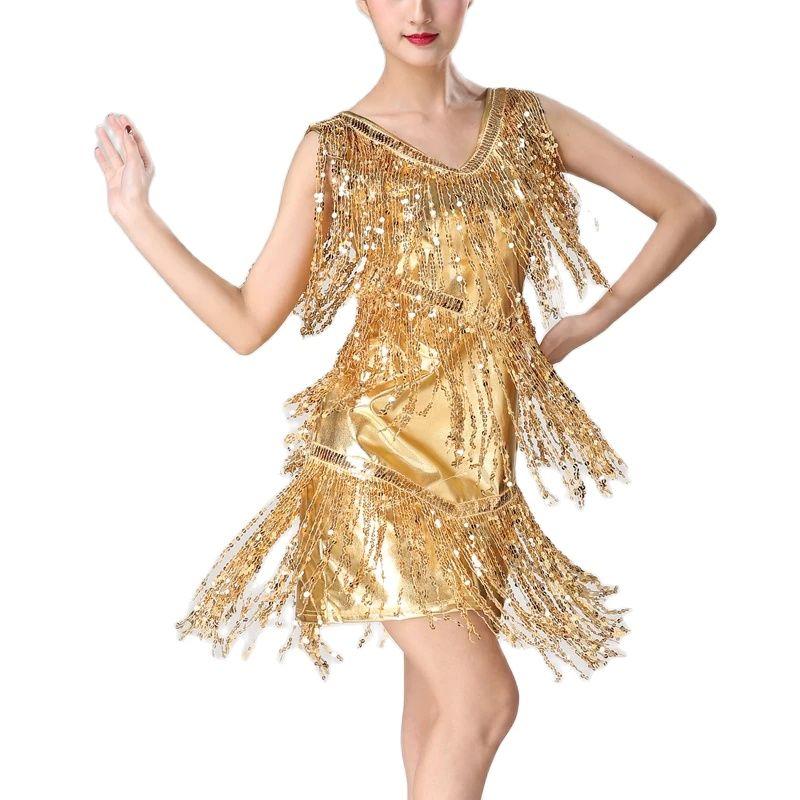 Sexy Shiny Flapper Gatsby Dress Double V-Neck Sleeveless Sequin Tassel Latin Jazz Party Dance Dress Vestido