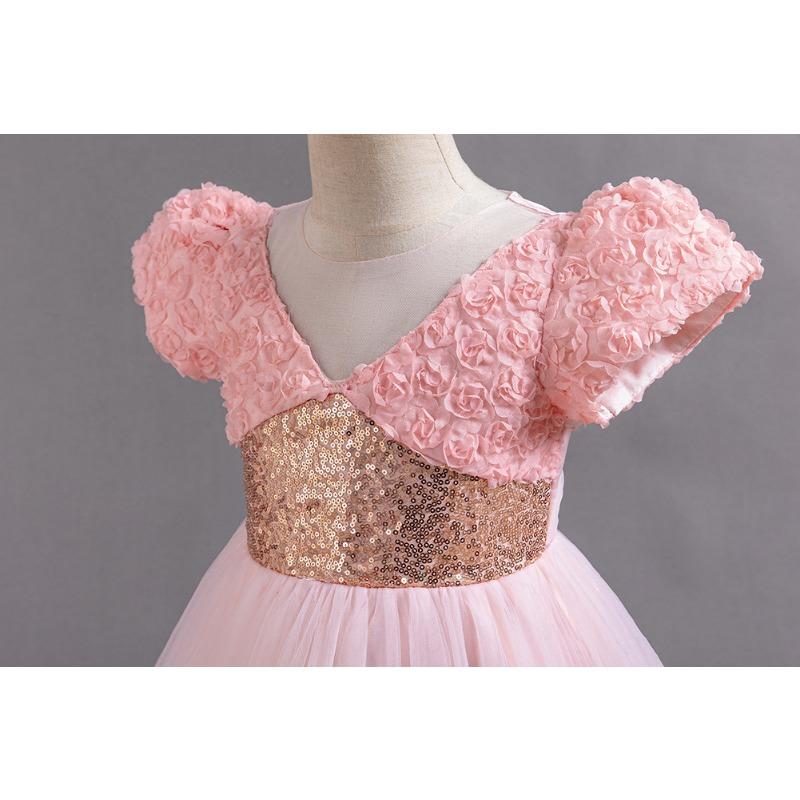 Girls Short Sleeve Tulle Sequin Princess Dress For Birthday Party