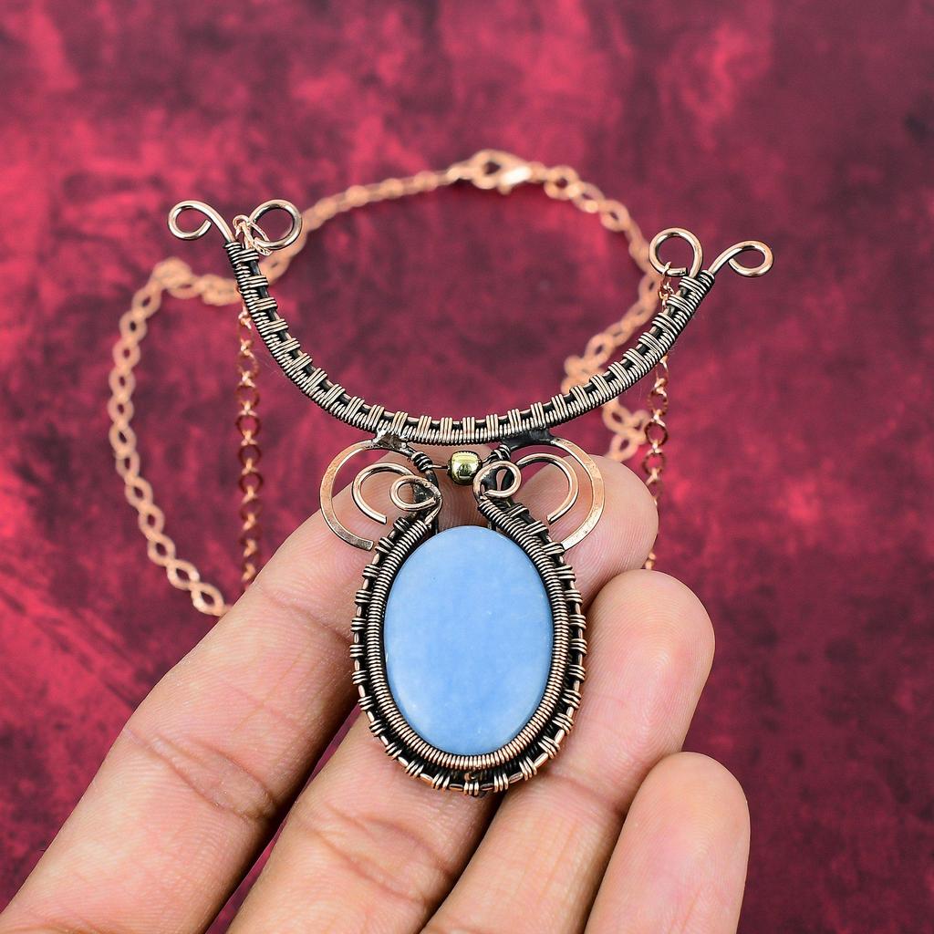 Angelite Necklace Copper Wire Wrapped Gemstone Necklace Adjustable Chain Necklace Angelite Jewelry Handmade Necklace Copper Jewelry For Gift