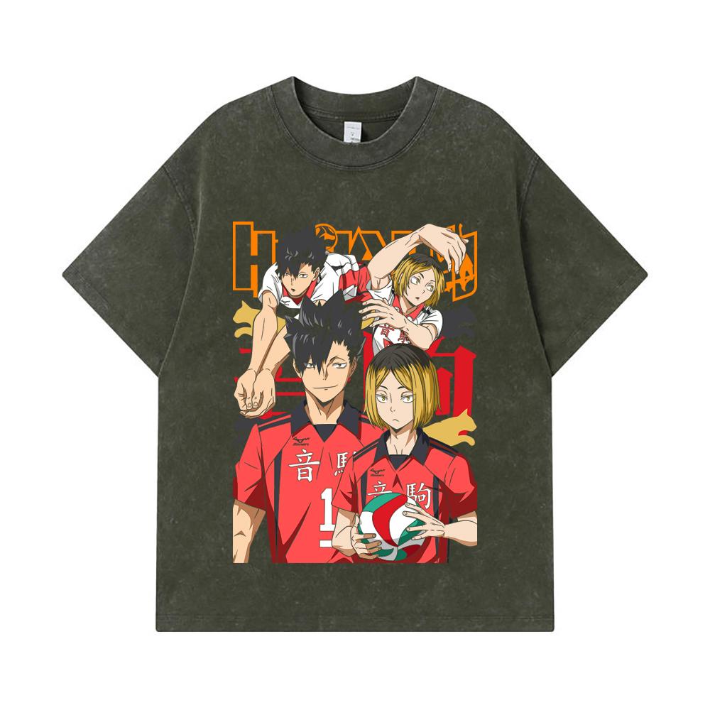 

275 GSM Washed T-shirts 100% Cotton Haikyu V6 Print Unisex Heavy Cotton T Shirt S