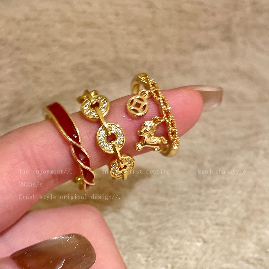Gold Pony Copper Coin Open Ring Women's Retro Exquisite Index Finger Ring Natal Year Niche Design Ring