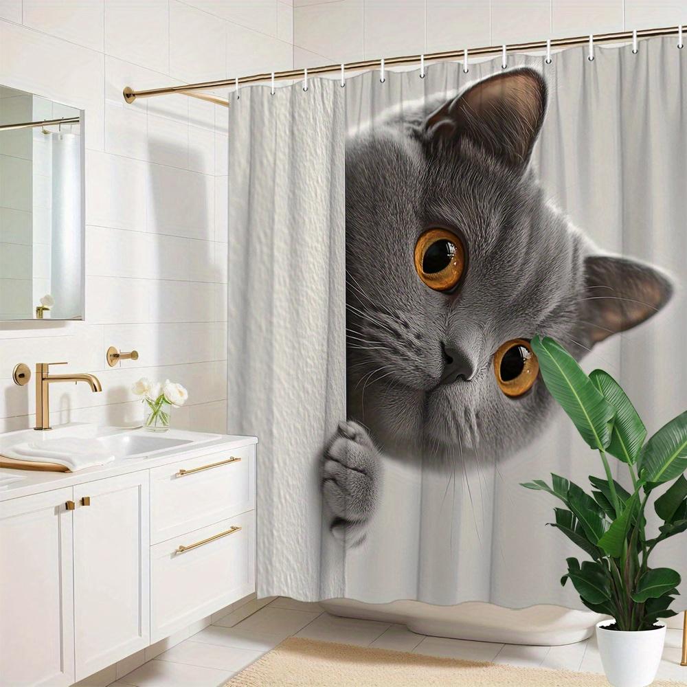 1Pc Cute Grey British Shorthair Cat Shower Curtain - Soft Polyester Bathroom Decor With 12 Hooks, Curious Amber Eyes Cat Design