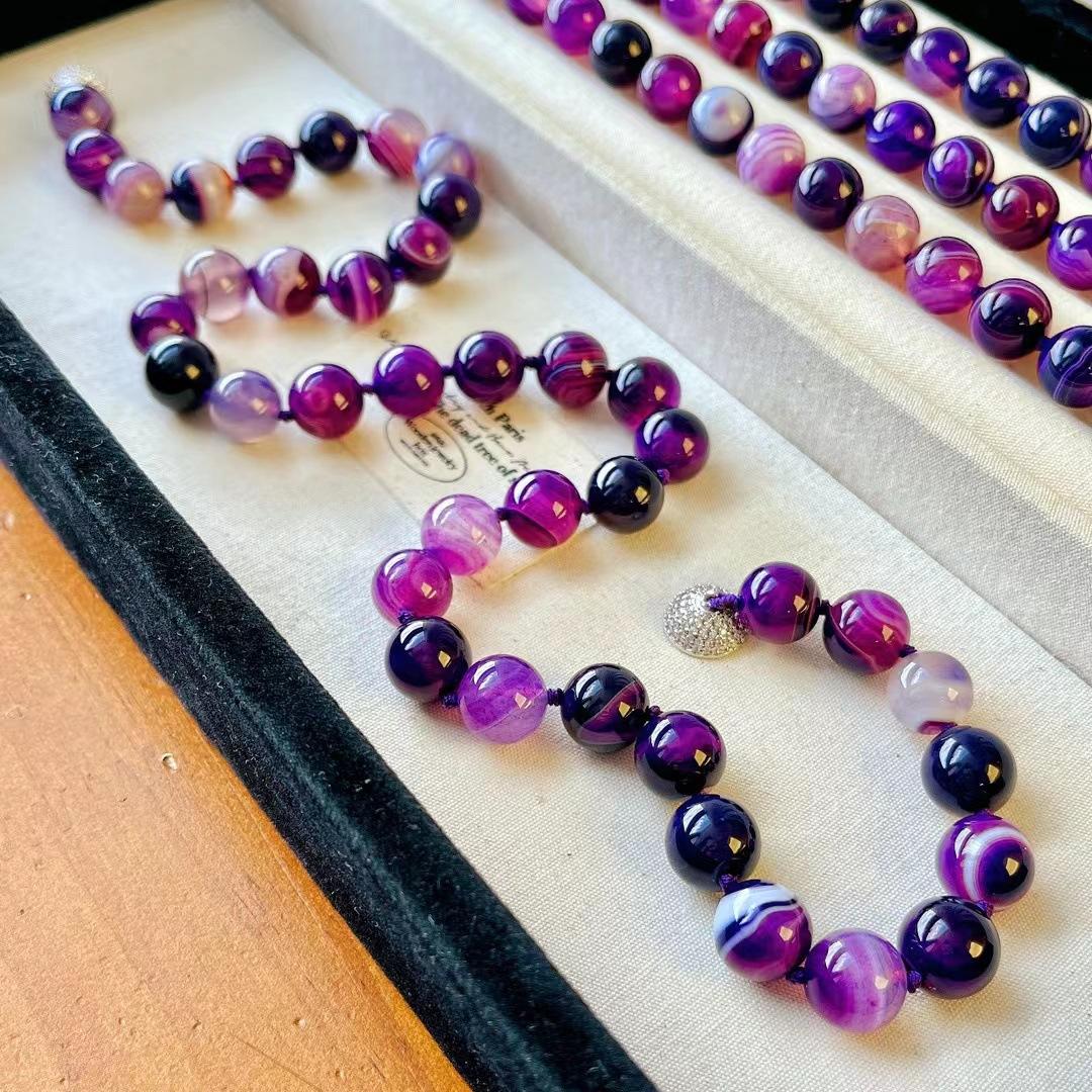 

Vintage 12Mm Shujulai Natural Purple Chalcedony Agate Necklace Niche Purple Mysterious Clavicle Bead Chain