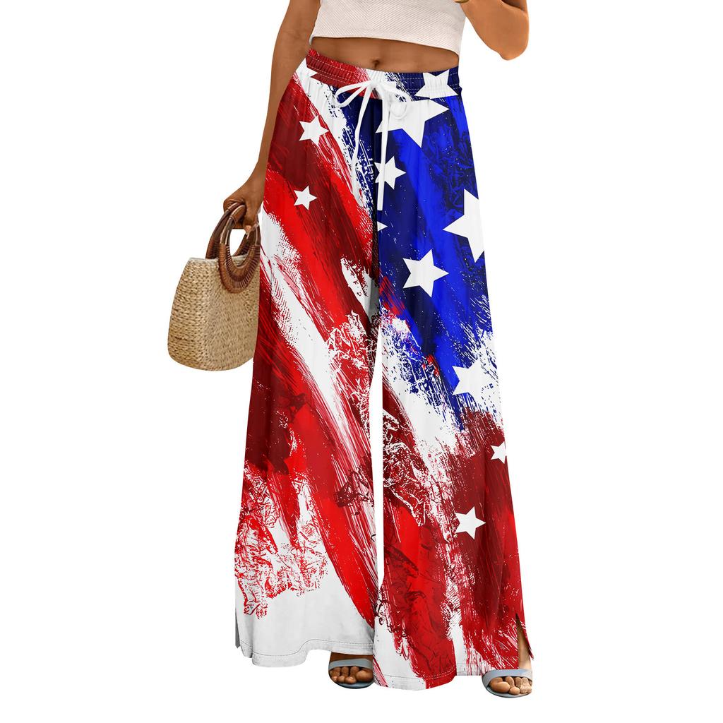 Damen Sommer Boho Palazzo Hose Hohe Taille Weites Bein Independence Printing Freizeithose mit Taschen