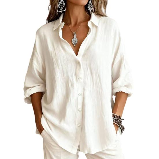 

Women Shirt Soft Fabric Loose Fit Roll-Up Cuffs Shirt Tops Lapel Buttons Down Mid-length Shirt Spring Summer Casual S белый